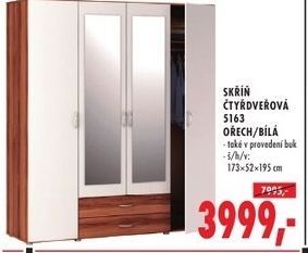 Skříň čtyřdveřová, ořech/bílá