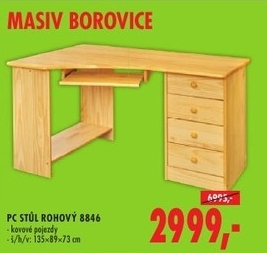 PC stůl, rohový / masiv borovice