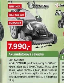 akumulátorová sekačka na trávu záběr 38 cm