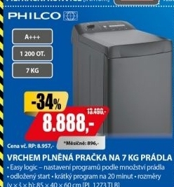 PL 1273 TLB vrchem plněná pračka PHILCO A+++/7kg černá
