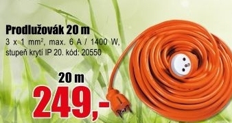 Prodlužovák 20 m oranžový 3x1mm max. 1400W, 6A