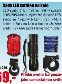 Svítilna na kolo Solight WL19, přední 3W LED + zadní 5xLED, 2x držák