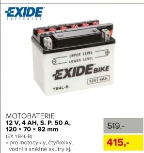 Motobaterie EXIDE, 12V, 4Ah, s.p.50A, 120x70x92mm