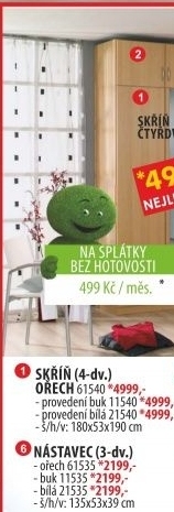 Skříň 4 dveřová 61540 ořech/bílá