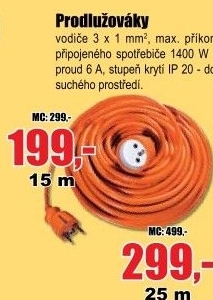Prodlužovák 15 m oranžový 3x1 mm, max. 1400W, 6A