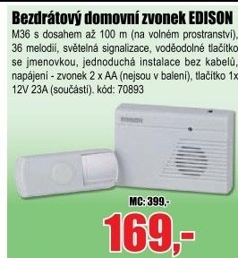 Zvonek bezdrátový EDISON M36 bateriový, dosah 100m
