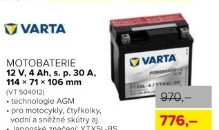 Motobaterie Varta, 12V, 4Ah, s.p. 30A, 114x71x106mm