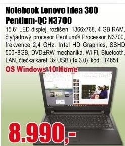 Notebook Lenovo Idea 300 Pentium-QC N3700 2,40GHz / 4GB / SSHD 500GB+8GB / 15,6