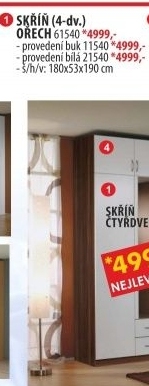 Skříň 4 dveřová 61540 ořech / bílá