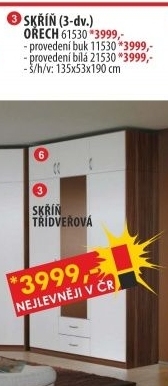 Skříň ESO 3 dveřová 61530 ořech / bílá