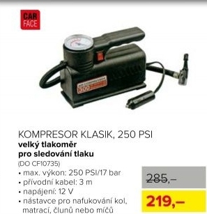 Kompresor CarFace Klasik, 12 V/250 PSI/17 bar