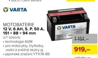 Motobaterie, 12 V, 6 Ah, s.p. 50 A, 151x88x94 mm
