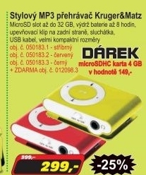 Stylový MP3 přehrávač Kruger&Matz stříbrný + karta ZDARMA