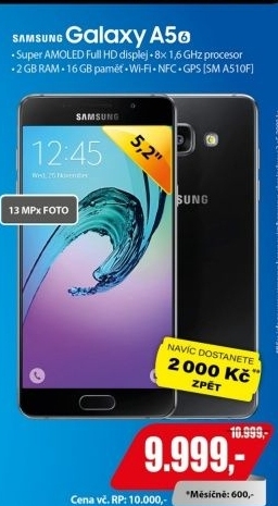 SM A510F Galaxy A5 LTE 16GB Blck SAMSUNG+ cashback 2000