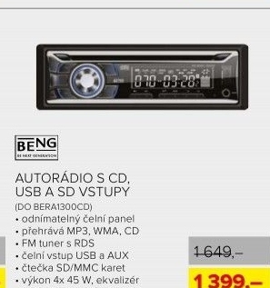 Autorádio Beng, CD, USB a SD vstupy