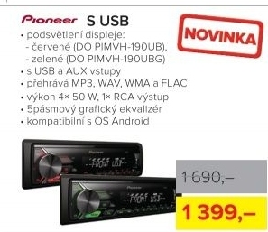 Autorádio Pioneer MVH-190UB, USB, červ.