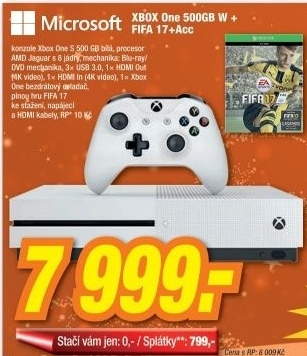 MICROSOFT XONE S 500GB W+FIFA 17+Acc