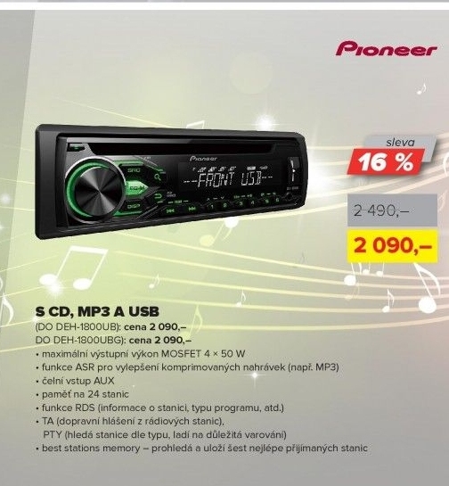 Autorádio Pioneer DEH-1800UB s CD, MP3 a USB