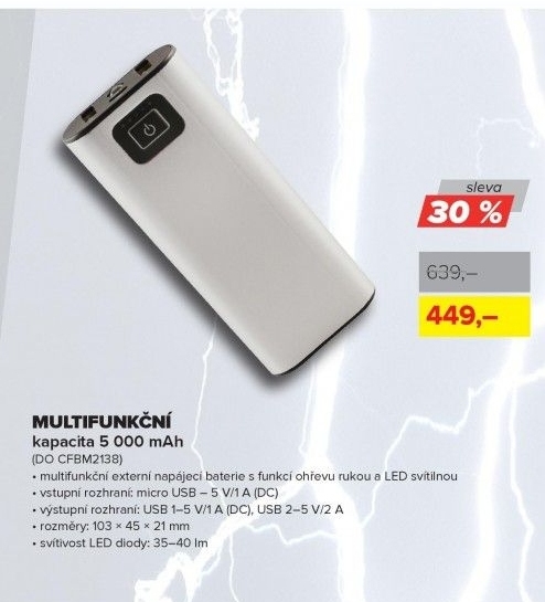 Multifunkční powerbanka, kapacita 5 000 mAh