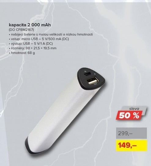Powerbanka, kapacita 2 000 mAh