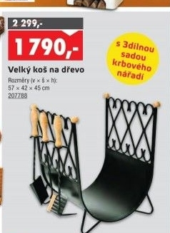 Koš na krbové dřevo s nářadím