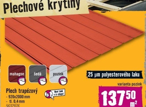 Plech trapézový pozinkovaný 920 x 2000 mm
