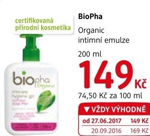 Intimní emulze Organic Biopha