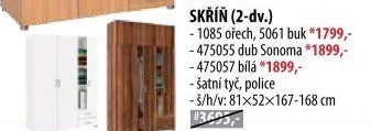 Skříň 2dveřová 1085 ořech