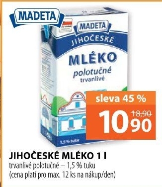 Trvanlivé mléko Jihočeské Madeta -1,5% polotučné
