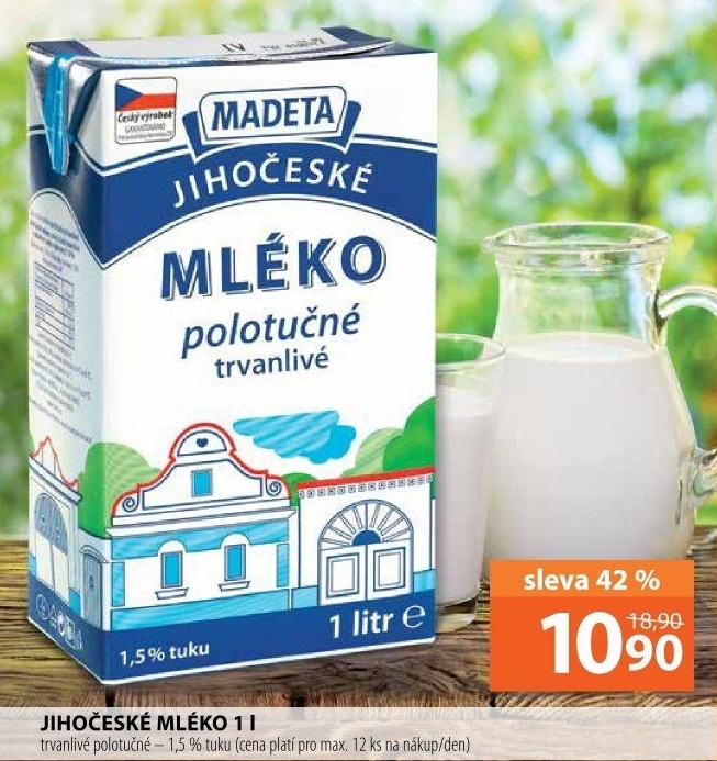 Trvanlivé mléko Jihočeské Madeta -1,5% polotučné