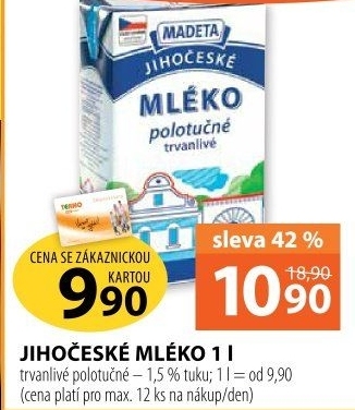 Trvanlivé mléko Jihočeské Madeta -1,5% polotučné
