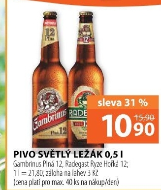 Pivo světlý ležák 12° Plná Gambrinus