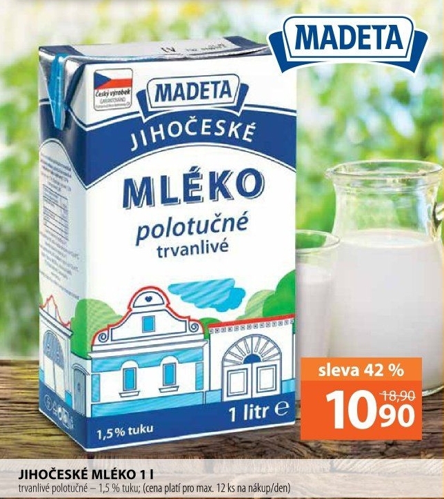 Trvanlivé mléko Jihočeské Madeta -1,5% polotučné