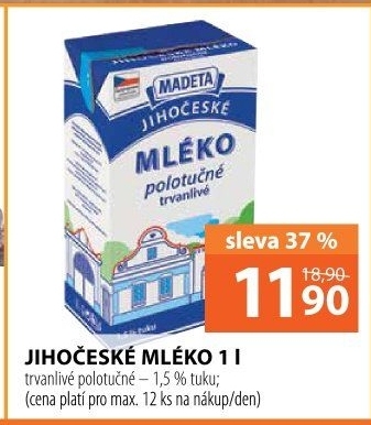 Trvanlivé mléko Jihočeské Madeta -1,5% polotučné