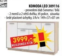Komoda LEO 4 dveře + 1 zásuvka dub/bílá