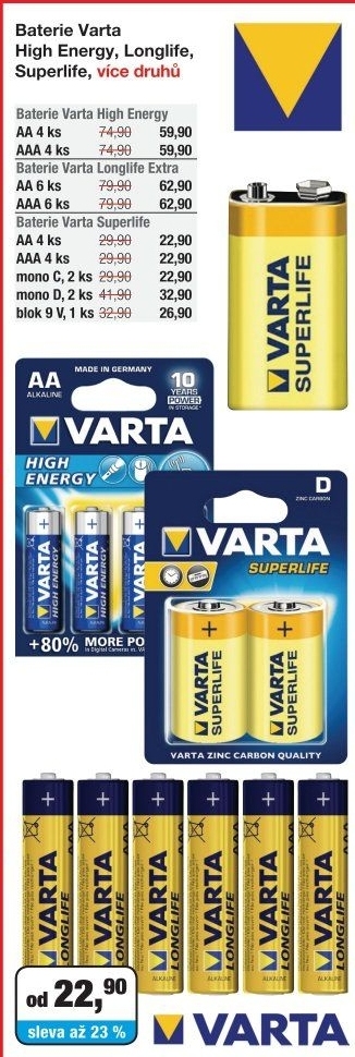 Varta baterie High Energy, Longlife, Superlife, více druhů