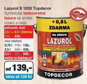 Lazurol Topdecor S1035, lazura na dřevo, více odstínů a balení