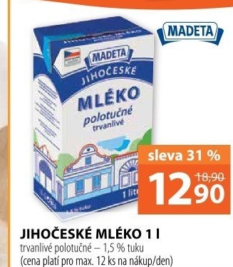 Trvanlivé mléko Jihočeské Madeta -1,5% polotučné