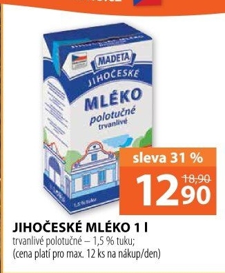 Trvanlivé mléko Jihočeské Madeta -1,5% polotučné