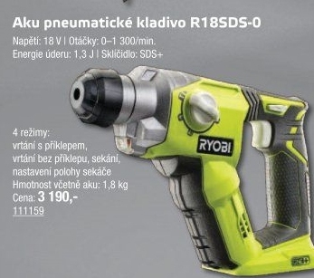 Aku pneumatické vrtací kladivo R18SDS-0 Ryobi