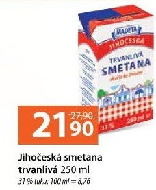 Smetana ke šlehání trvanlivá Jihočeská Madeta 31%