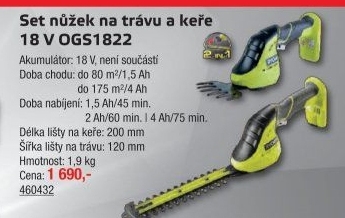 Aku nůžky na trávu a keře OGS1822 Ryobi