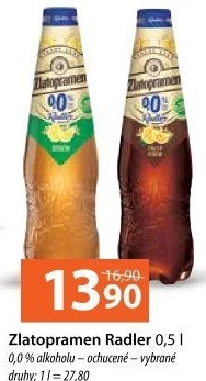 Nealkoholické pivo ochucené Radler Zlatopramen