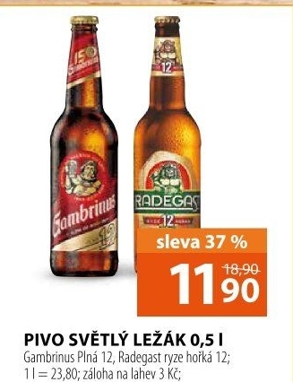 Pivo světlý ležák 12° Plná Gambrinus