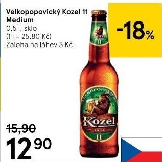 Pivo světlý ležák 11° Medium Velkopopovický Kozel