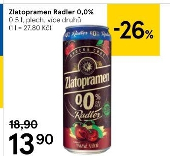 Nealkoholické pivo ochucené Radler Zlatopramen