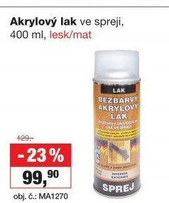 Bezbarvý akrylový lak ve spreji Mat Barvy a laky Hostivař