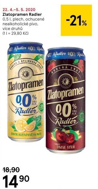 Nealkoholické pivo ochucené Radler Zlatopramen