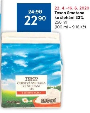 Smetana ke šlehání Tesco 33%