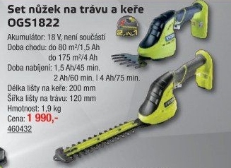 Aku nůžky na trávu a keře OGS1822 Ryobi